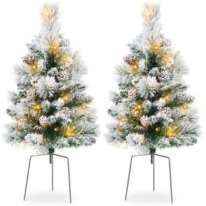 New - Set of 2 Pre-Lit Pathway Christmas Trees w Pine Cones, Timer - 24.5in