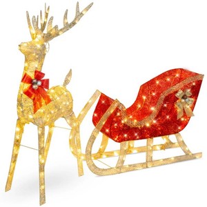 New - Lighted Christmas Reindeer & Sleigh Outdoor Decor Set w LED Lights