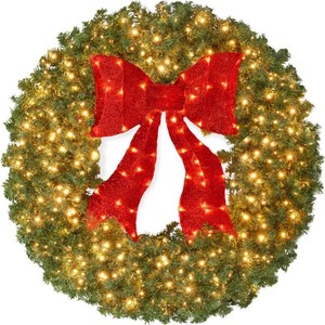 New - Pre-Lit Artificial Fir Christmas Wreath w Red Bow, LED Lights 24