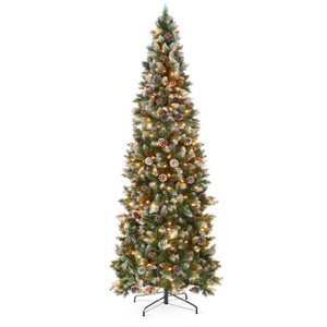 New - Artificial Pencil Christmas Tree w Warm White Lights, Pre-Lit Frosted Pine 12 Foot Tall
