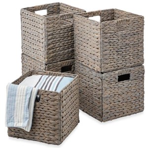 New - Set of 5 Collapsible Hyacinth Storage Baskets w Inserts - 13x13in Gray