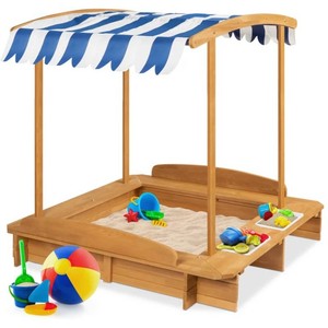 New - Kids Wooden Cabana Sandbox w Benches, Canopy Shade, Sand Cover, 2 Buckets