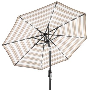New - Solar LED Lighted Striped Patio Umbrella w Tilt Adjustment - 10ft  tan stripe