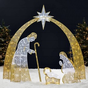 New - Lighted 2D Christmas Nativity Scene Outdoor Decor w Twinkling LED Lights white gold