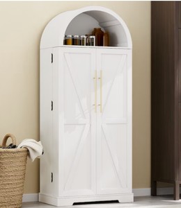 GlasFlength 65 Inches Arched Pantry Cabinet with Adjustable Shelves and Metal Guards Farmhouse Storage Cupboard White