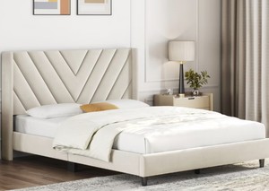 Yaheetech Upholstered Platform Bed Frame with Wooden Slat Support, Beige(Queen)
