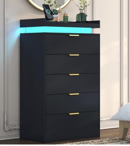 UNIQUITE Tall Dresser for Bedroom, White Dresser with LED Lights, Wood 5 Drawer Chest with Power Outlet