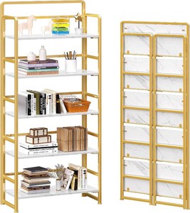 No Assembly - 5 Tier Folding Bookshelf Tall Storage Shelves Vintage