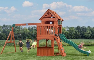 Backyard Discovery Atlantis Cedar Wood Swing Set with Wave Slide, Raised Clubhouse,