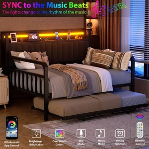 Daybed with Trundle and LED Light, Heavy Duty Metal Full Bed Frame