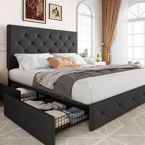 Allewie Queen Size Storage Bed Frame with 4 Underbed Drawers, Upholstered Platform Bed