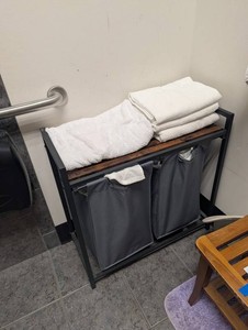 Double Laundry Hamper Cart With Wood-Look Shelf & Towels