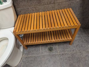 Two-Tier Slatted Wood Bathroom Storage Shelf