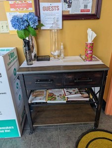 Wooden Rolling Cart With Glass Dispenser, Decor & Cookbooks