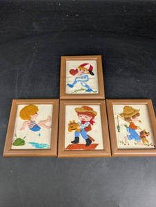 Framed Embroidered Childrens Needlework Panels (Lot of 4)