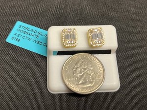 Moissanite Stud Earrings w Gold Edging - Sterling Silver 4.27 CTW VSD Color - $799 retail tag