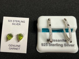 Sterling Silver Earrings - Moissanite Hoops w $282 retail tag & Peridot Studs