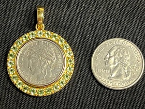 Coin Pendant - Italian 100 Lire 925 Sterling Silver Green Stone