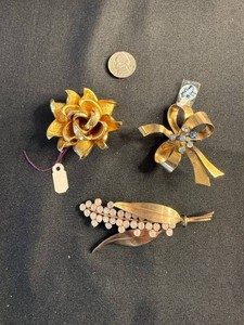 Vintage Costume Jewelry Brooches - Floral, Bow & Leaf (Lot of 3)
