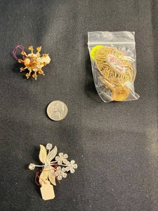 Costume Jewelry Brooches - Gold-Tone Floral & Amber Rhinestone Mixed Lot