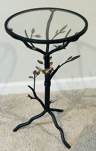 LLR - Glass-Top Accent Table - Metal Bird & Leaf Motif