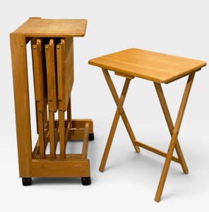 LLS - TV Tray Tables - Folding Wooden Set With Rolling Stand
