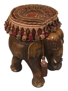 LLSR - Vintage Wooden Elephant Ottoman  Stool with Fringe Accents
