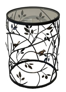 LLR - Glass Top Table with Decorative Metal Bird & Vine Base