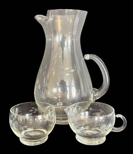O - Princess House Etched Leaf Motif Glass Pitcher, Sugar Dish and Creamer Pitcher