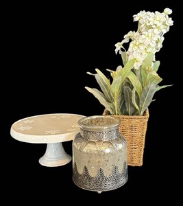 O - Pottery Barn Vase, Hallmark Cake Plate and Faux Floral Arrangement