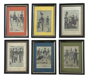 O - Six Vintage German Uniform Studies Military Lithograph Prints
