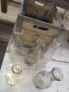 Wooden Milk Crate, 5 Collector Milk Bottles