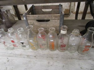 Wooden Dairy Crate, 9 Collector milk Bottles