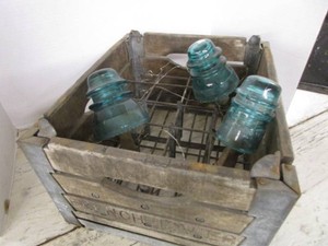 Wooden Milk Crate, 5 Blue Glass Insulators