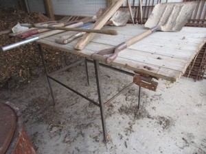 Metal Table, Barn Door Top, Gardening Tool