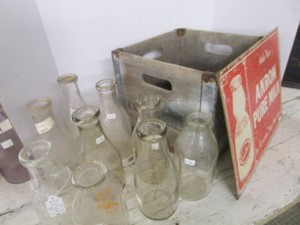 Milk Crate, Collector Bottles, Akron Sign