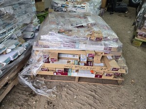NEW Pallet of Mostly Shadow White Blackout Window Shades, Various Sizes and Possibly Other Colors - Some may be missing hardware