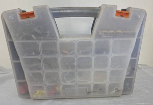 32 Compartment large plastic organizer full of misc. screw nuts, rivets, wire nuts, tire tester, tube cutter, etc.  (14 12 T x 10 W)