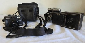 3 Vintage Cameras and camera bag. Canon, Speed, Thummler & Wittenberg.