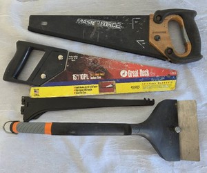 Misc. lot - 2 toolbox size saws, 1 Blackstone Griddle Scraper and 4 Single Track 12 Black Shelf Brackets. Pre-owned.