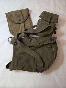 Vintage Military Surplus Gear. Authentic USM9A1 Gas Mask Bag 11.5 x 9 x 3, US Army M-1943 Entrenching Tool Shovel Carrier, US Army Small Arms Ammunition Pouch with First-Aid Kit.