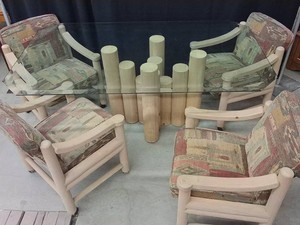 MID CENTURY MODERN RUSTIC DINING TABLE AND 4 UPHOLSTERED ARMCHAIRS