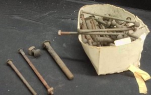 BOX OF MISC SIZED WEATHERED CARRIAGE BOLTS
