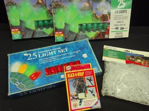 2 NEW BOXES OF GREEN C9 LIGHTS, 1 BOX OF RED LIGHTS AND WRAP AND REACH  HANGERS
