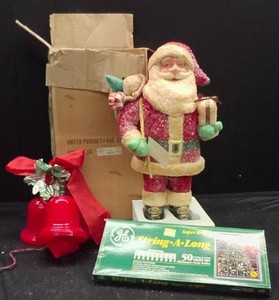 VINTAGE SANTA CLAUS FIGURINE  BELL LIGHT DECOR  BOX OF CLEAR STRING LIGHTS