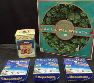 24 LIGHTED WREATH AND 3 BOXES OF BLUE ROPE LIGHTS  CHRISTMAS VALLEY LIT HOUSE