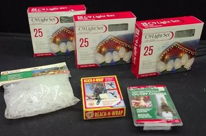 3 BOXES OF C9 LIGHTS, 1 REACH AND WRAP, 1 ALL PURPOSE CLIPS, AND LIGHT UP TREE