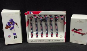ADRIAN PETERSON HALLMARK ORNAMENT, BOX OF TWINS CANDY CANE ORNAMENTS, FORD CAR TREE ORNAMENT