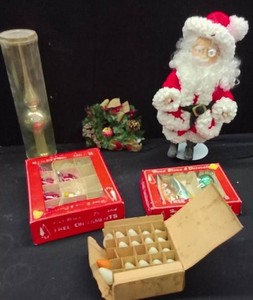 VERY VINTAGE CHRISTMAS BULBS AND ORNAMENTS , TINY WREATH, SANTA DOLL AND MORE