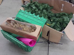 7FT CHRISTMAS TREE, PINK MAT, TREE STAND, AND BEAUTIFUL HAND MADE WALLWINDOW ORNAMENT